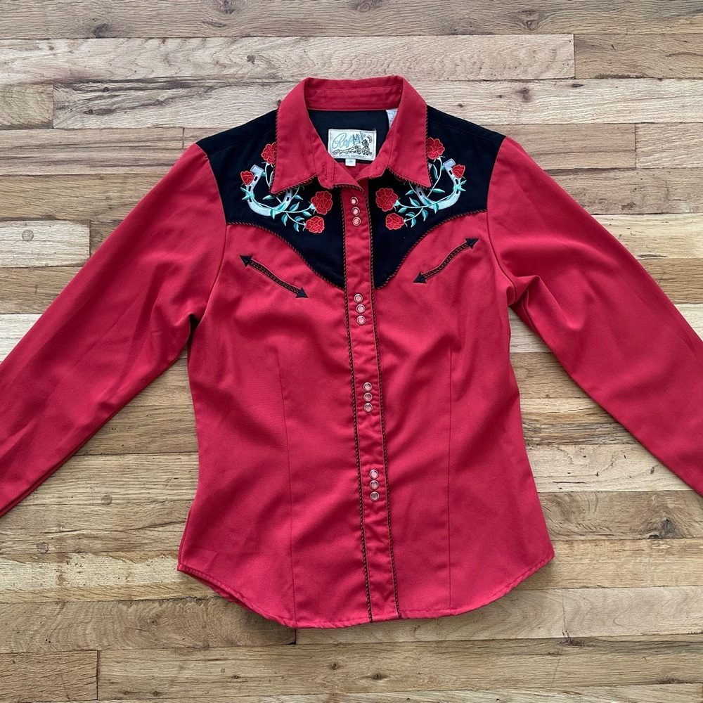 Red Western Shirt with Embroidered Roses